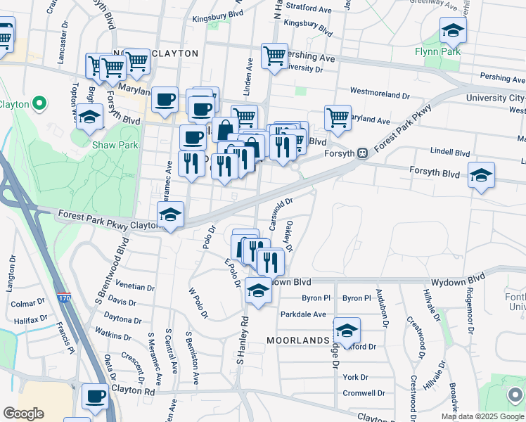 map of restaurants, bars, coffee shops, grocery stores, and more near 326 South Hanley Road in Clayton