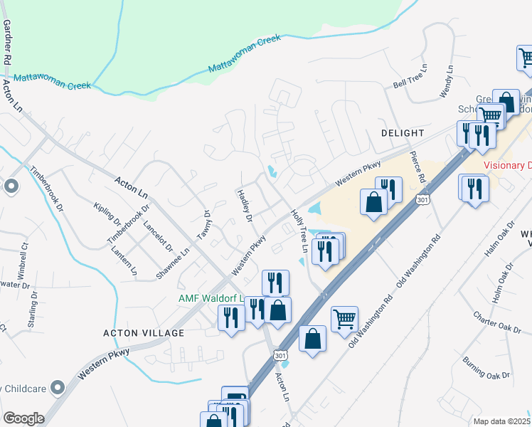 map of restaurants, bars, coffee shops, grocery stores, and more near 3036 Hollins Lane in Waldorf