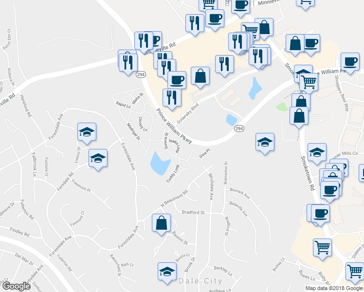 map of restaurants, bars, coffee shops, grocery stores, and more near 3360 Nadia Loop in Woodbridge