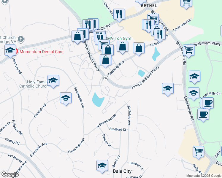 map of restaurants, bars, coffee shops, grocery stores, and more near 3360 Nadia Loop in Woodbridge