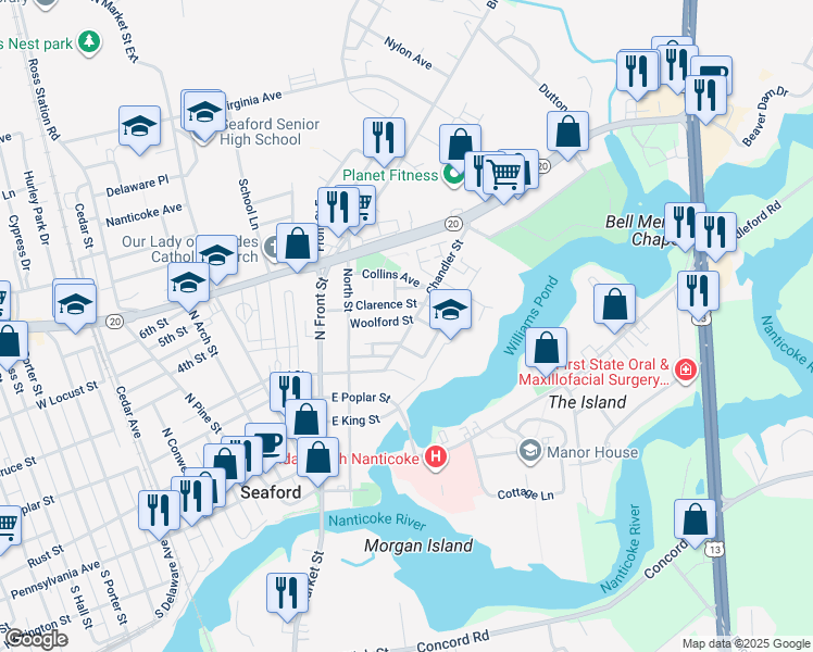 map of restaurants, bars, coffee shops, grocery stores, and more near 22 Chandler Street in Seaford