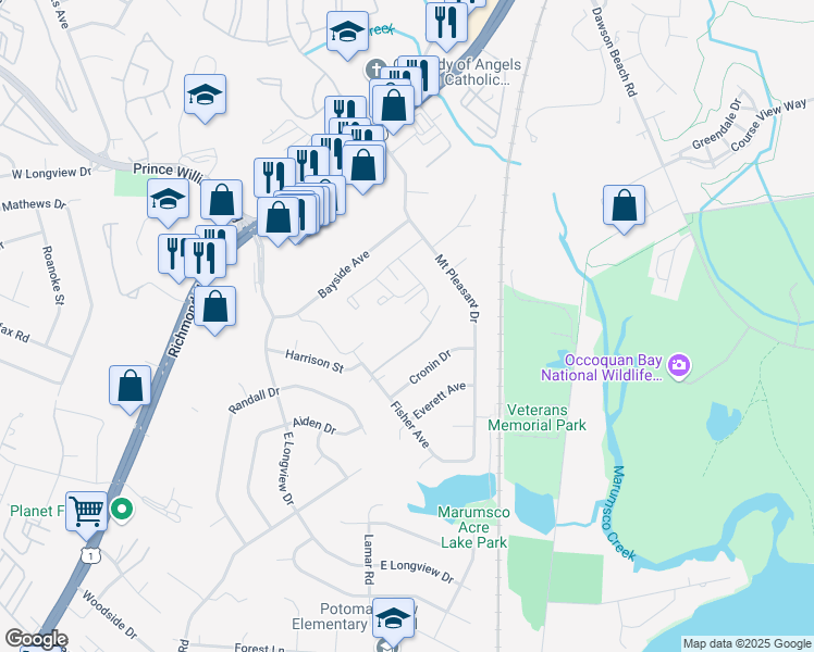 map of restaurants, bars, coffee shops, grocery stores, and more near 14123 Bay Vista Drive in Woodbridge