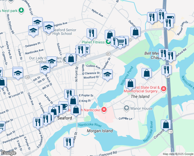 map of restaurants, bars, coffee shops, grocery stores, and more near 22 Chandler Street in Seaford