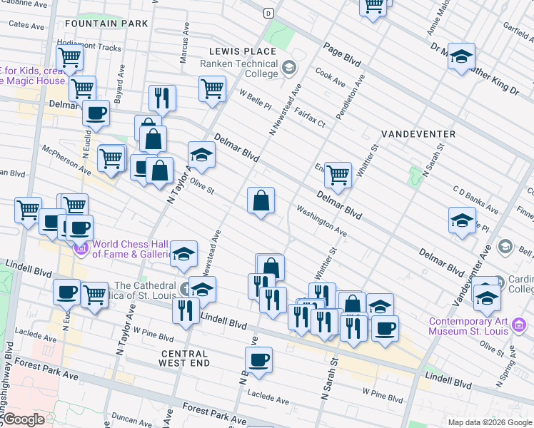 map of restaurants, bars, coffee shops, grocery stores, and more near 4335 Olive Street in St. Louis