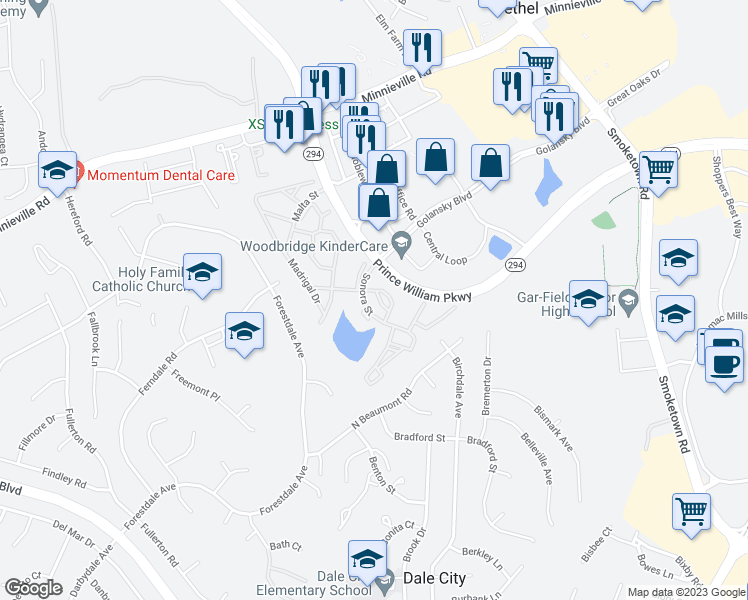 map of restaurants, bars, coffee shops, grocery stores, and more near 3379 Nadia Loop in Woodbridge