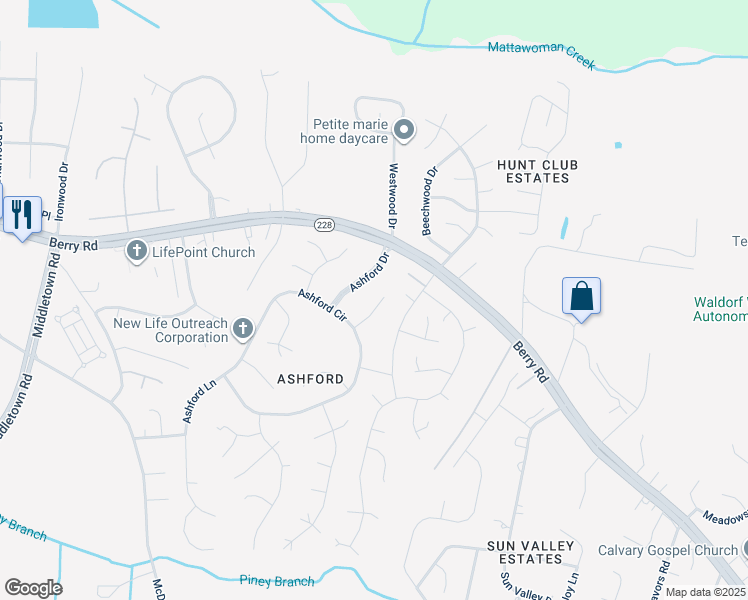 map of restaurants, bars, coffee shops, grocery stores, and more near 2303 Avalon Court in Waldorf