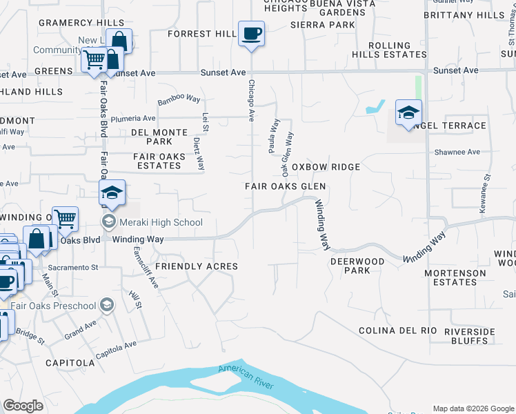 map of restaurants, bars, coffee shops, grocery stores, and more near 8328 Winding Way in Fair Oaks