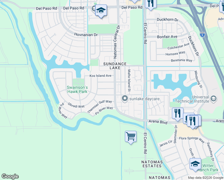 map of restaurants, bars, coffee shops, grocery stores, and more near 3725 Sardinia Island Way in Sacramento