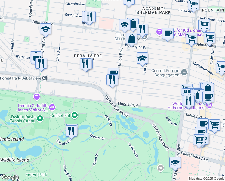map of restaurants, bars, coffee shops, grocery stores, and more near 54 Westmoreland Place in St. Louis