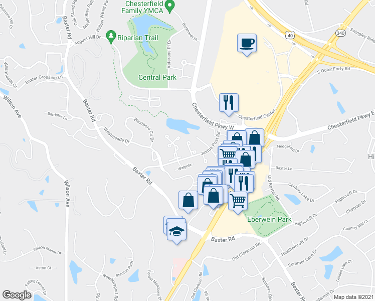 map of restaurants, bars, coffee shops, grocery stores, and more near 1553 Charlemont Drive in Chesterfield