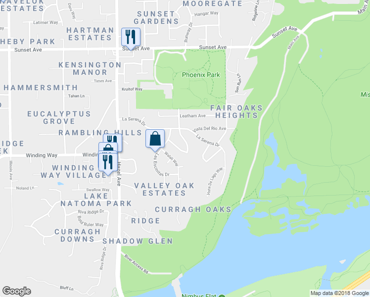 map of restaurants, bars, coffee shops, grocery stores, and more near 4535 Wawona Circle in Fair Oaks