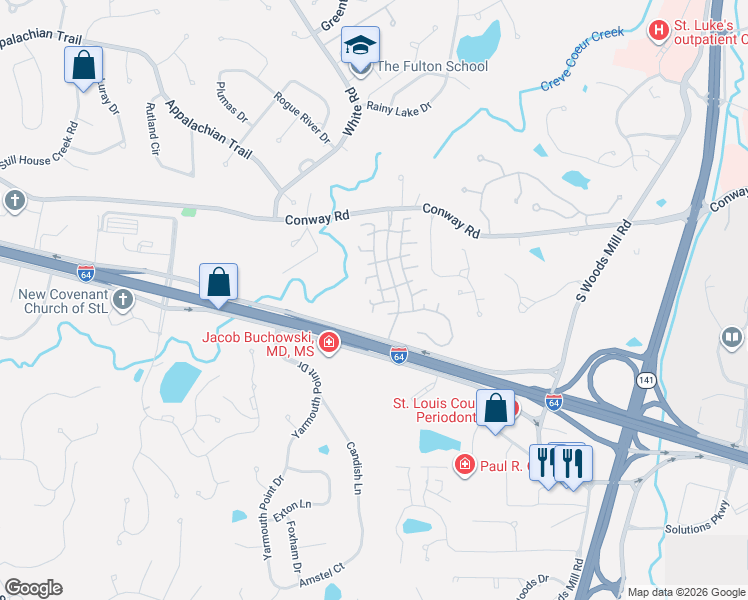 map of restaurants, bars, coffee shops, grocery stores, and more near 14421 Conway Meadows Court West in Chesterfield