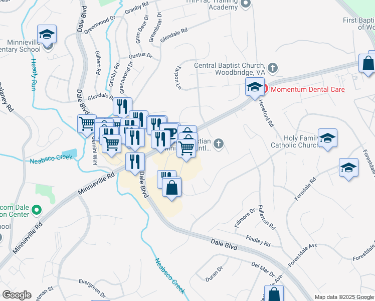 map of restaurants, bars, coffee shops, grocery stores, and more near 4131 Cheshire Station Plaza in Dale City