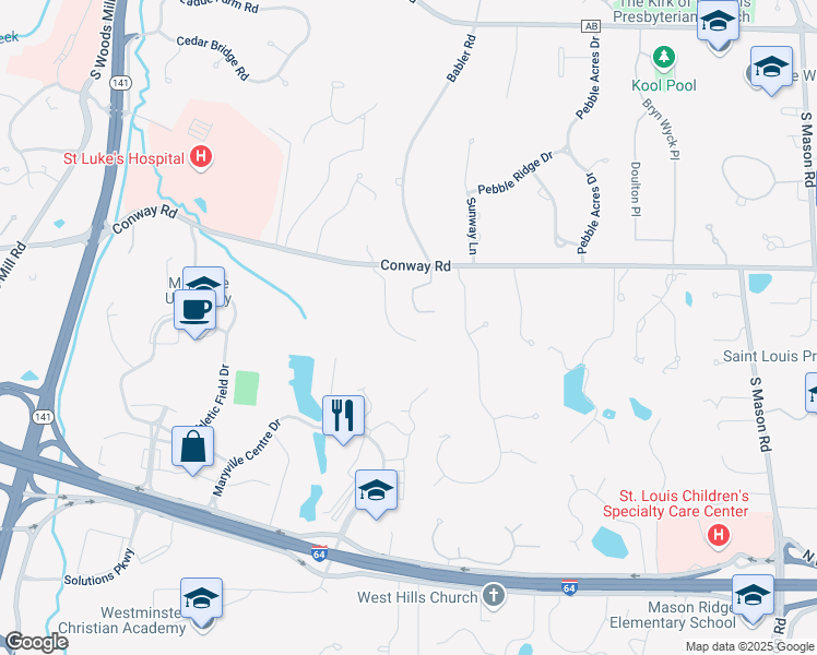map of restaurants, bars, coffee shops, grocery stores, and more near 13428 Conway Road in St. Louis
