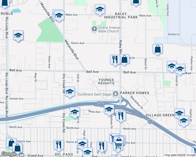 map of restaurants, bars, coffee shops, grocery stores, and more near 1428 Katharine Avenue in Sacramento
