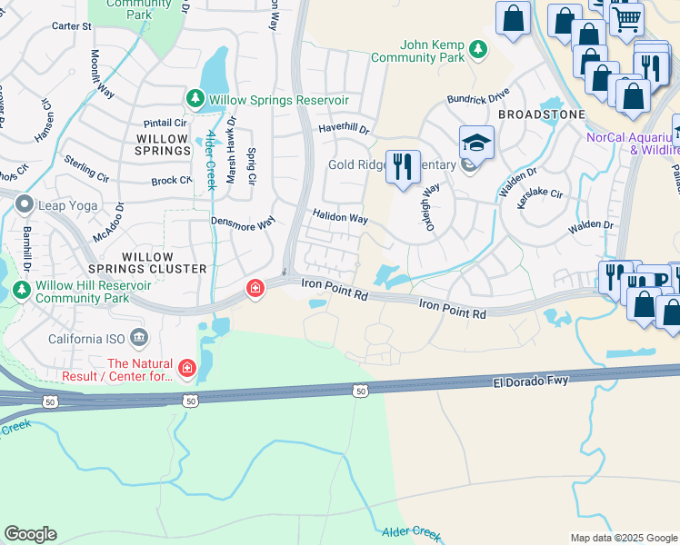map of restaurants, bars, coffee shops, grocery stores, and more near 2075 Iron Point Road in Folsom