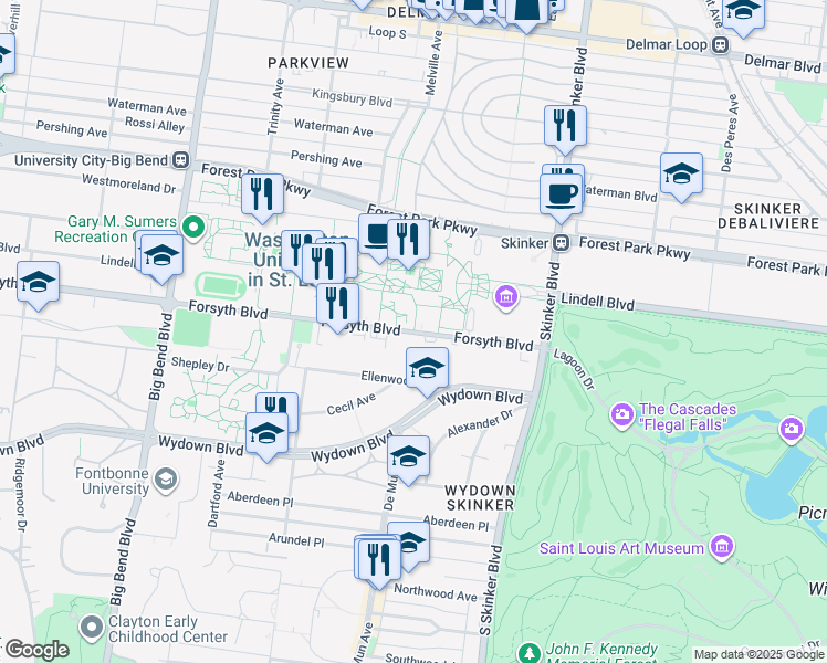 map of restaurants, bars, coffee shops, grocery stores, and more near 6364 Forsyth Boulevard in Clayton