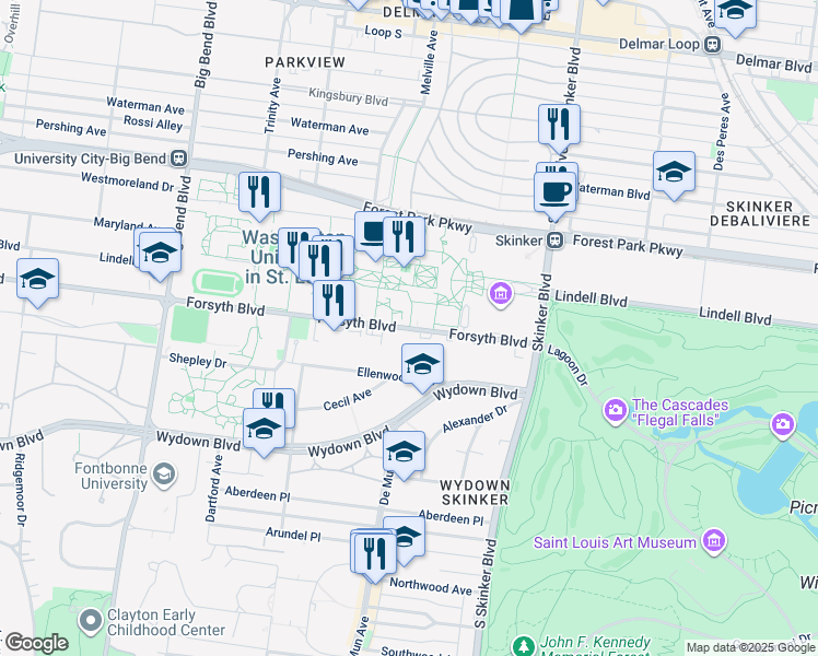 map of restaurants, bars, coffee shops, grocery stores, and more near 6487 Forsyth Boulevard in Saint Louis