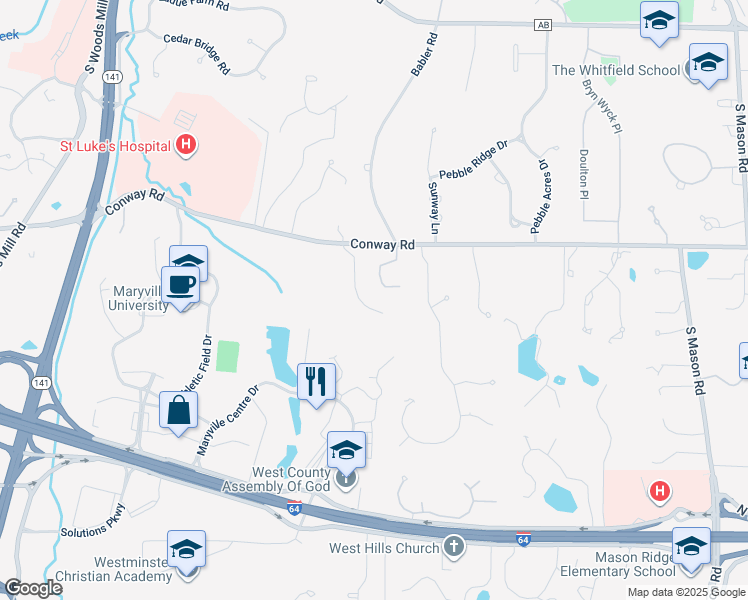 map of restaurants, bars, coffee shops, grocery stores, and more near 13428 Conway Road in St. Louis