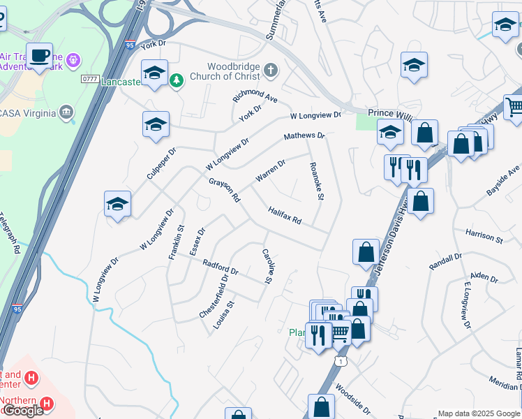 map of restaurants, bars, coffee shops, grocery stores, and more near 1907 Halifax Road in Woodbridge