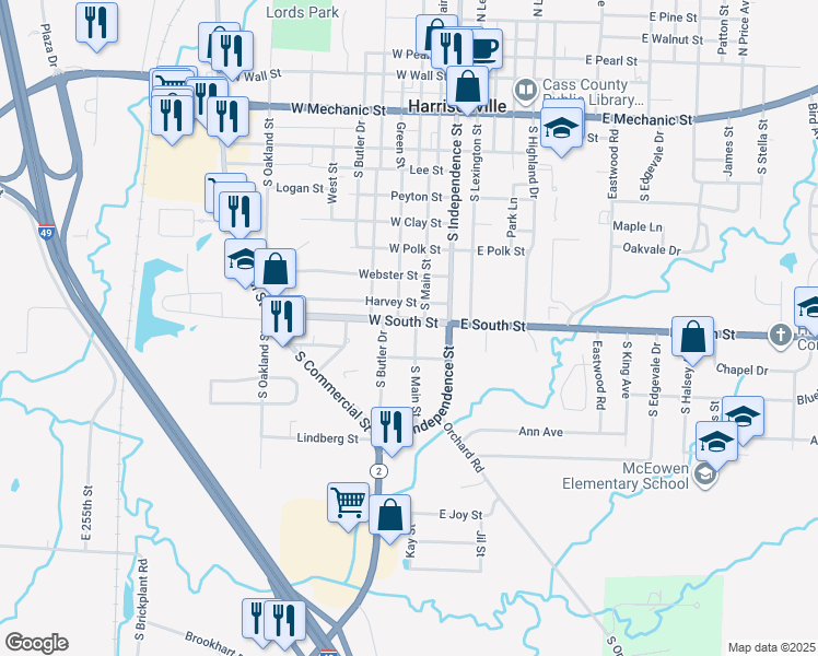 map of restaurants, bars, coffee shops, grocery stores, and more near 1300 South Main Street in Harrisonville
