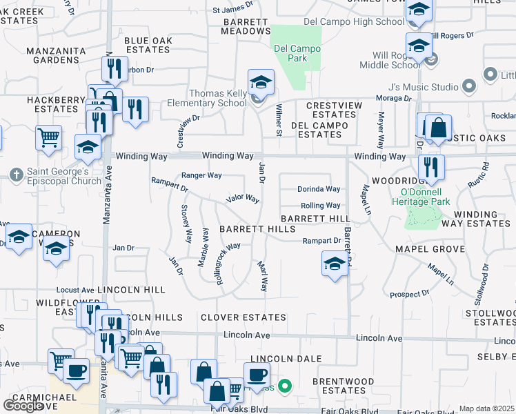 map of restaurants, bars, coffee shops, grocery stores, and more near in Carmichael