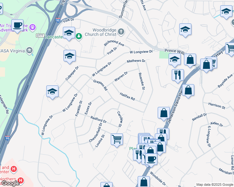 map of restaurants, bars, coffee shops, grocery stores, and more near 1907 Halifax Road in Woodbridge