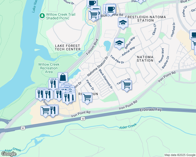 map of restaurants, bars, coffee shops, grocery stores, and more near 1124 Sandy Creek Drive in Folsom