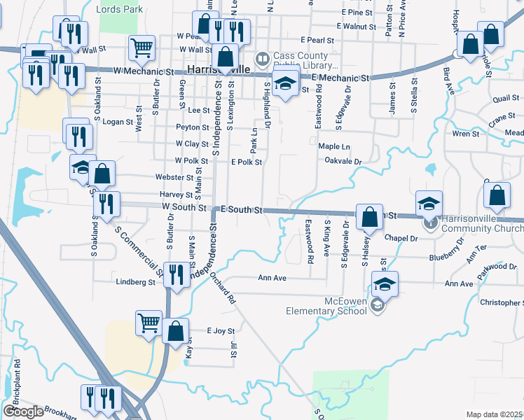 map of restaurants, bars, coffee shops, grocery stores, and more near Missouri 2 in Harrisonville
