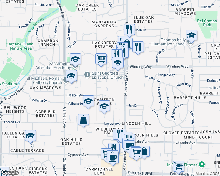 map of restaurants, bars, coffee shops, grocery stores, and more near 5731 Haskell Avenue in Carmichael