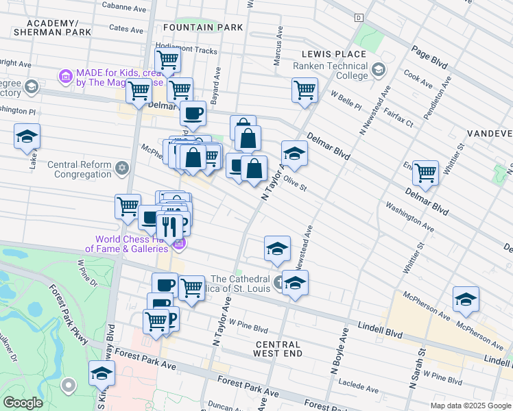 map of restaurants, bars, coffee shops, grocery stores, and more near 377 North Taylor Avenue in St. Louis