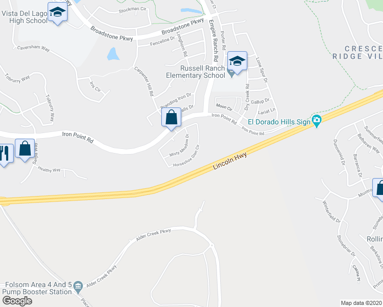 map of restaurants, bars, coffee shops, grocery stores, and more near 2021 Horseshoe Glen Circle in Folsom
