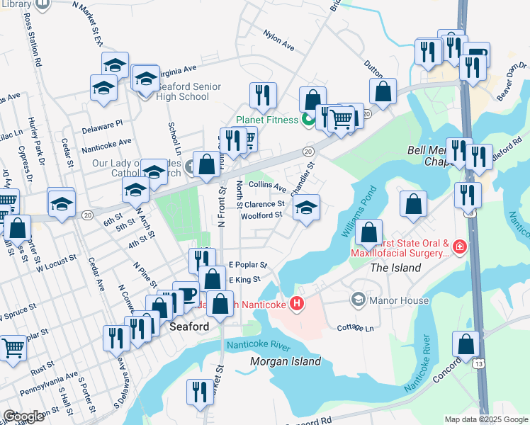 map of restaurants, bars, coffee shops, grocery stores, and more near 728 Woolford Street in Seaford