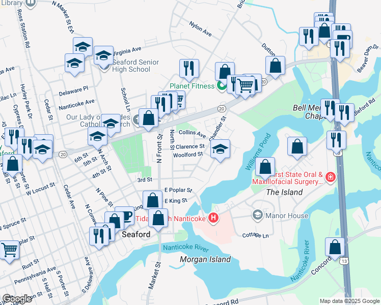 map of restaurants, bars, coffee shops, grocery stores, and more near 728 Woolford Street in Seaford