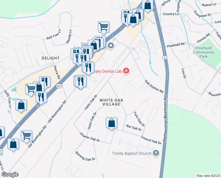map of restaurants, bars, coffee shops, grocery stores, and more near 1803 Oak Drive in Waldorf
