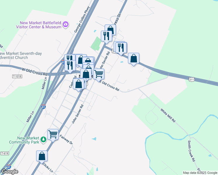 map of restaurants, bars, coffee shops, grocery stores, and more near 197 East Old Cross Road in New Market