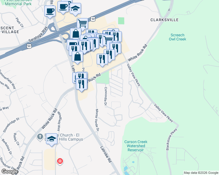 map of restaurants, bars, coffee shops, grocery stores, and more near 1130 White Rock Road in El Dorado Hills