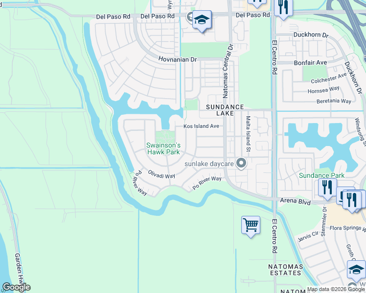 map of restaurants, bars, coffee shops, grocery stores, and more near 180 Dnieper River Way in Sacramento