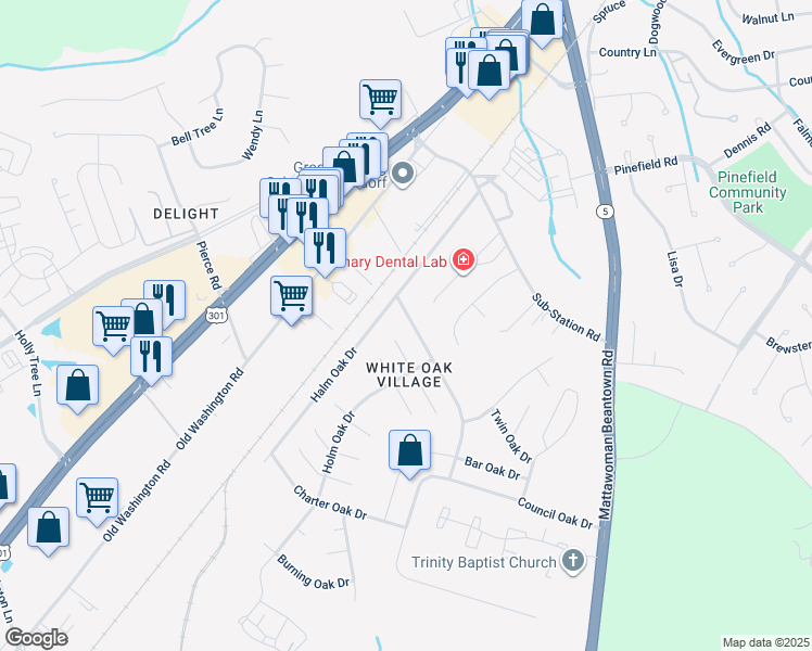 map of restaurants, bars, coffee shops, grocery stores, and more near 1803 Oak Drive in Waldorf