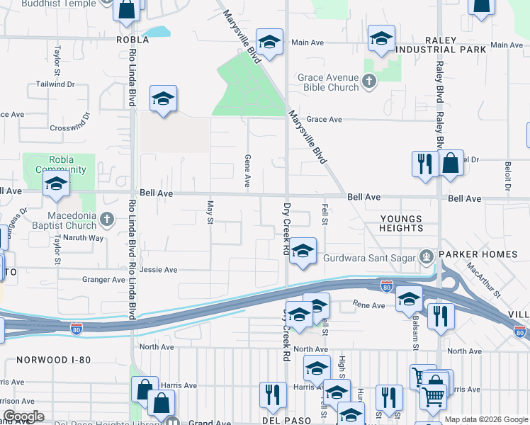 map of restaurants, bars, coffee shops, grocery stores, and more near 1140 Martinson Court in Sacramento