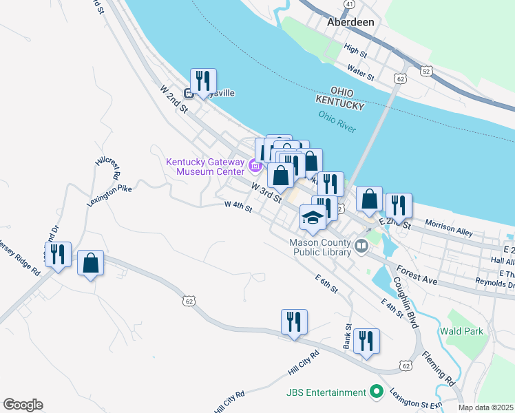 map of restaurants, bars, coffee shops, grocery stores, and more near 29 West 4th Street in Maysville