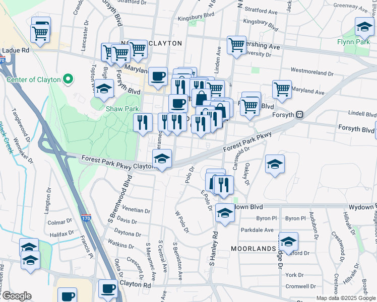 map of restaurants, bars, coffee shops, grocery stores, and more near 231 South Bemiston Avenue in St. Louis