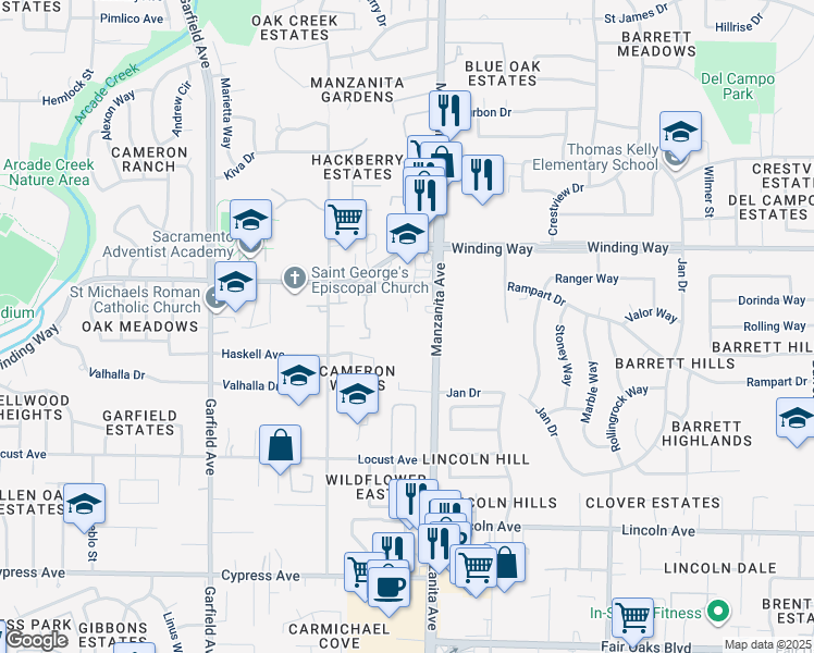 map of restaurants, bars, coffee shops, grocery stores, and more near 4525 Manzanita Avenue in Carmichael