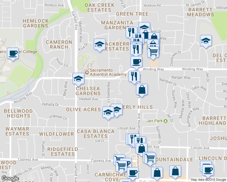 map of restaurants, bars, coffee shops, grocery stores, and more near 5715 Jana Court in Carmichael
