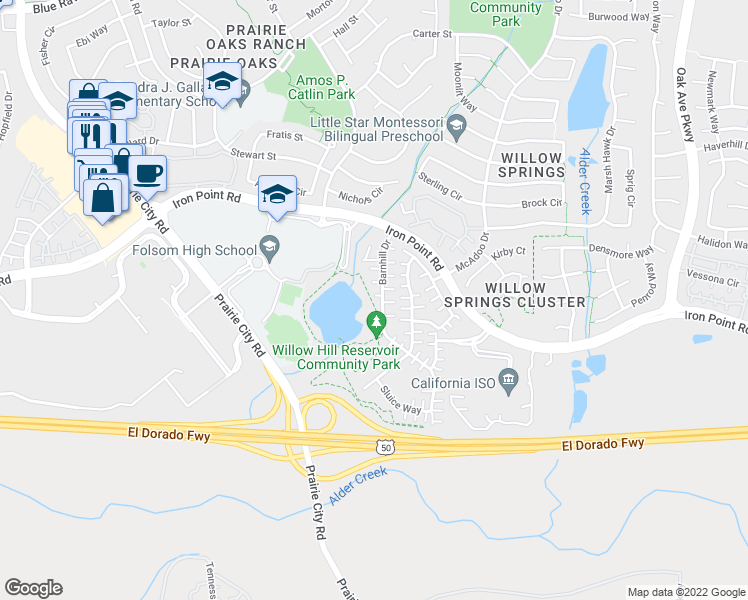 map of restaurants, bars, coffee shops, grocery stores, and more near 263 Barnhill Drive in Folsom