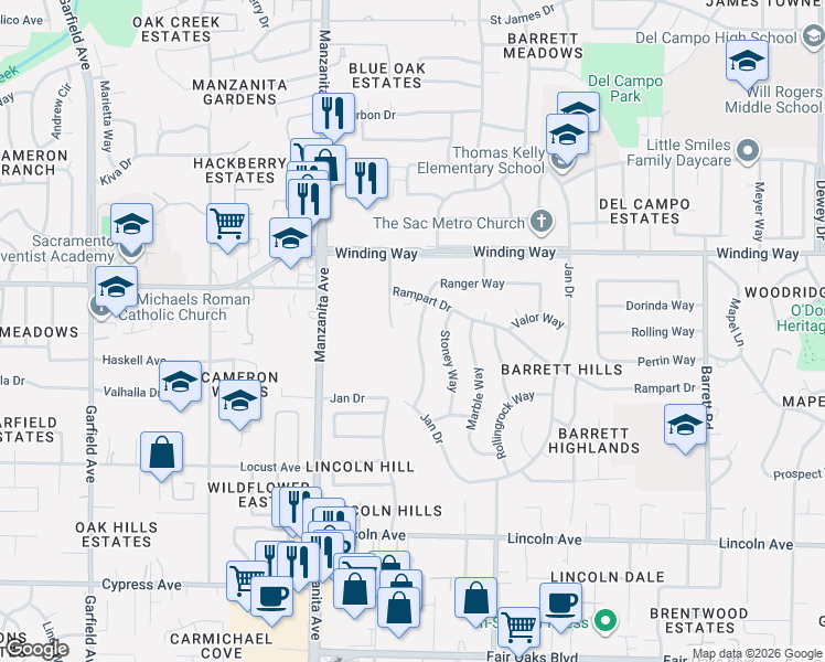 map of restaurants, bars, coffee shops, grocery stores, and more near 5933 Ranger Way in Carmichael