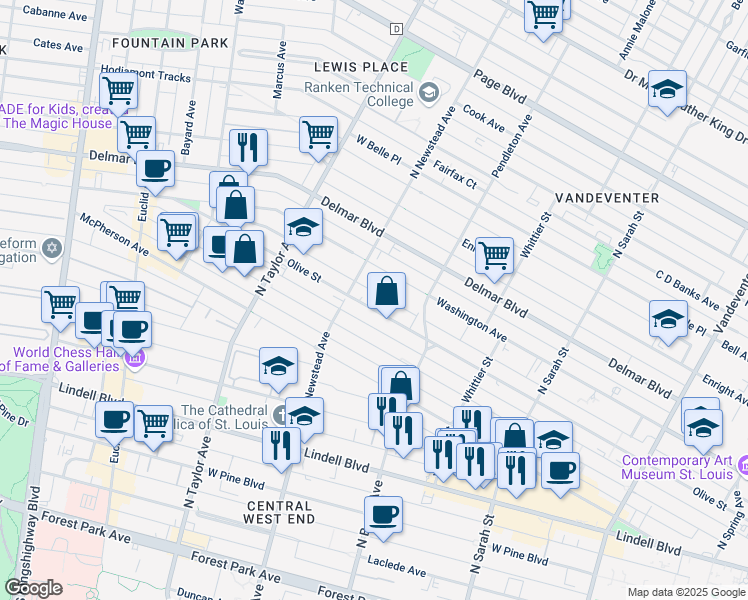 map of restaurants, bars, coffee shops, grocery stores, and more near 4362 Olive Street in St. Louis