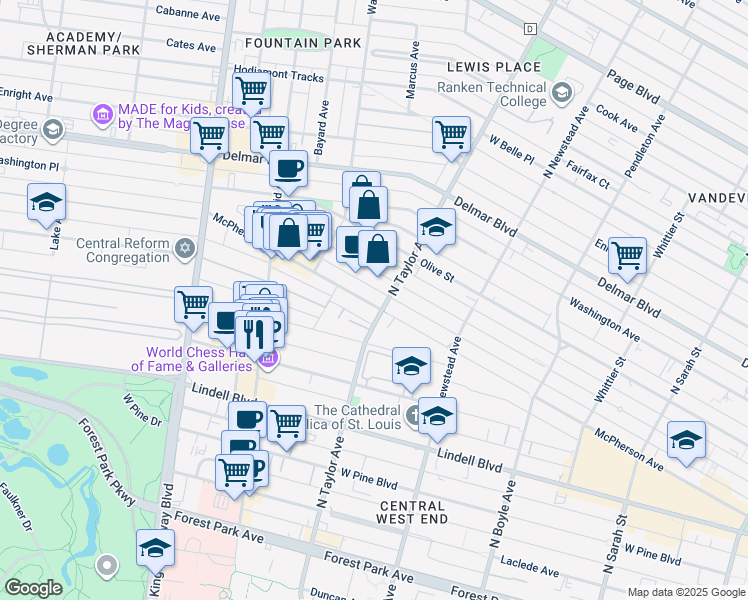 map of restaurants, bars, coffee shops, grocery stores, and more near 377 North Taylor Avenue in St. Louis