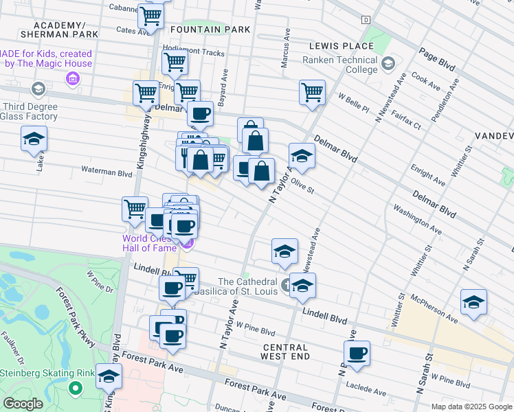 map of restaurants, bars, coffee shops, grocery stores, and more near 377 North Taylor Avenue in St. Louis
