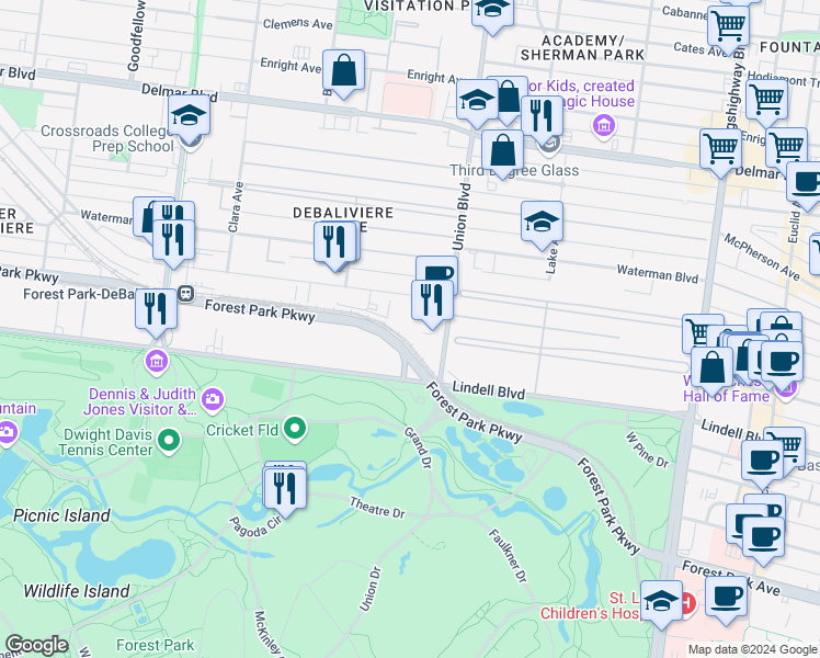 map of restaurants, bars, coffee shops, grocery stores, and more near 5337 Lindell Boulevard in St. Louis